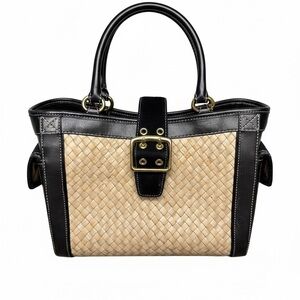 Coach 2004 Vintage Black Leather and Straw Woven Tote